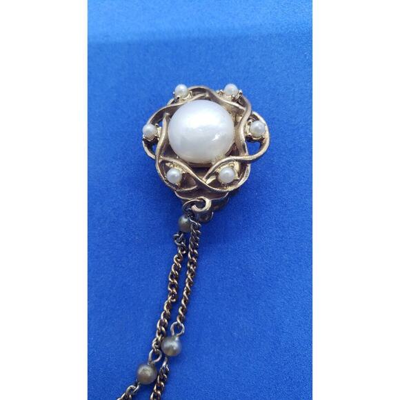 Vintage Sweater Clips Collar Jacket Faux Pearl Gold Tone Double Chain Pat Pend - Picture 4 of 9